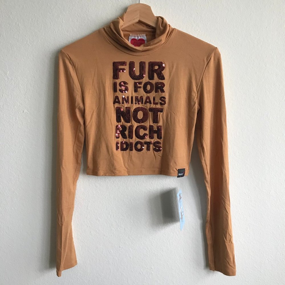 NWT Omighty Long Sleeve Cropped Turtleneck Tee Size M 'Fur is for Animals'